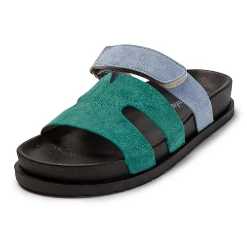 Produktbild: JOMIX Pantoletten Damen Sommer Sandalen mit Kork Fußbett Flach Weiche Badelatschen Wandern Meer Strand Slides (Grün Blau, 39 EU)