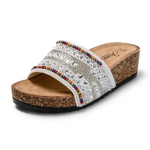 Produktbild: JOMIX Pantoletten Damen Sommer Sandalen mit Kork Fußbett Weiche Boho Keilabsatz Strandsandalen Elegant Glitzer Kristall Strass Wandern Meer Strand Slipper (Weiß, 40 EU)