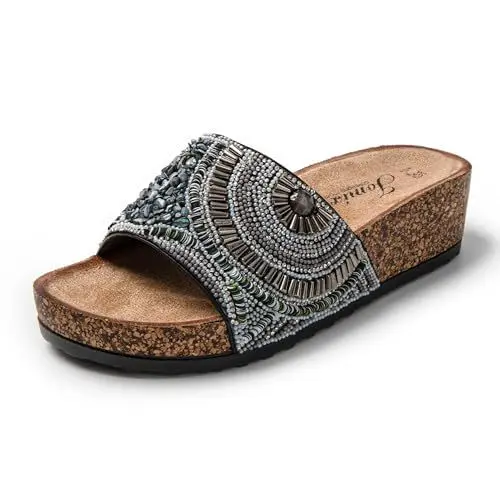 Produktbild: JOMIX Pantoletten Damen Sommer Sandalen mit Kork Fußbett Weiche Boho Keilabsatz Strandsandalen Elegant Perlen Wandern Meer Strand Slipper (Schwarz, 39 EU)