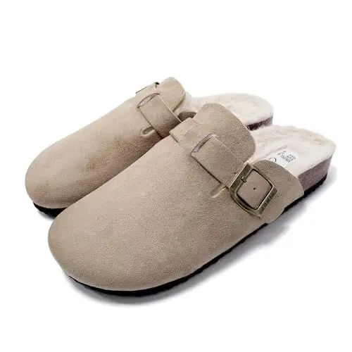 Produktbild: JOMIX Pantoletten Damen Winter Geschlossen Hausschuhe mit Kork Fußbett Bequeme Leder Plüsch Gefüttert Pantoffeln Flach Clogs Rutschfeste Gartenschuhe (MD2439, Beige, 38 EU)