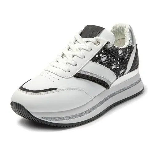 Produktbild: JOMIX Plateau Schuhe Damen Komfort Leicht Sportschuhe Elegant Atmungsaktiv Turnschuhe Fitness Gym Sneakers (Schwarz, 37 EU)