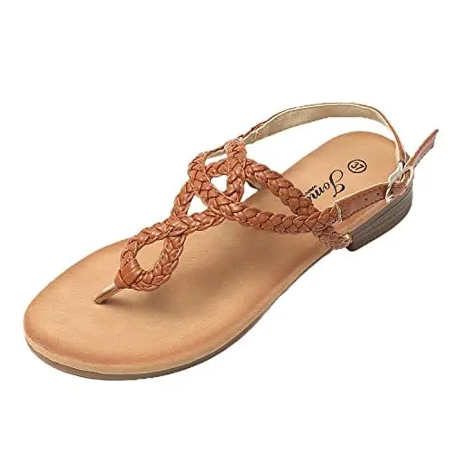 Produktbild: JOMIX Sandalen Damen Sommer Flache Zehentrenner Freizeit Bohemia Flip Flops Elegant Bequeme Strandschuhe mit Riemchen (Braun, 39 EU)