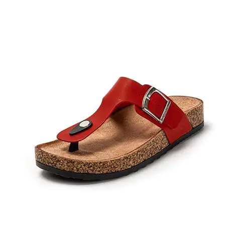 Produktbild: JOMIX Sommer Sandalen Damen Leder Zehentrenner Flip Flops Elegant Flache Strandschuhe Weiche Kork Fußbett (Rot, 38 EU)