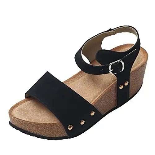 Produktbild: JOMIX Sommer Sandaletten Damen Keilabsatz Sandalen Leder Knopfleiste Bequeme Kork Fußbett Meer Strand Outdoor (01 Schwarz, 40 EU)