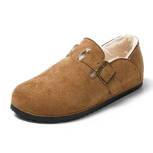 Produktbild: JOMIX Winter Geschlossener Clogs Damen Plüsch Gefüttert Mokassins Warme Hausschuhe Flache Slipper Indoor Outdoor (Braun, 38 EU)