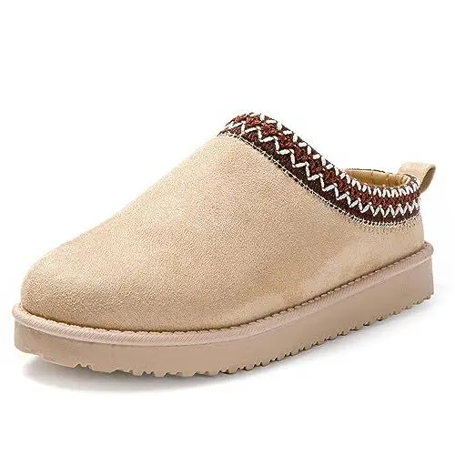 Produktbild: JOMIX Winter Hausschuhe Damen Lässige Slip On Slipper Warme Flauschige Plüsch Gefüttert Puschen Kunstwildleder Geschlossen Hüttenschuhe Indoor Outdoor Pantoffeln (Beige, 40 EU)