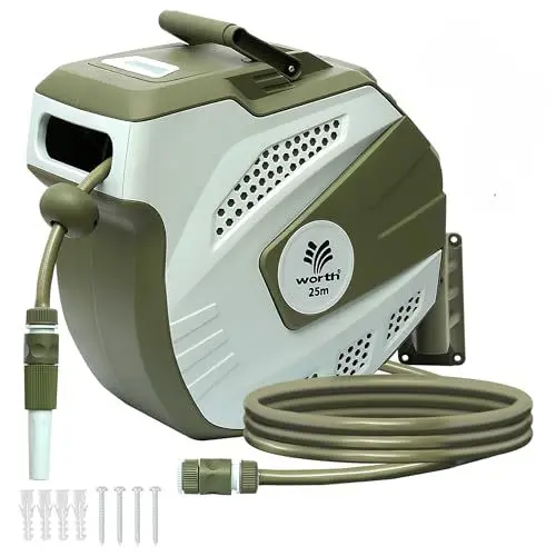 Produktbild: JonesHouseDeco 25m+2m, Aufrollbarer Gartenschlauchaufroller Flexibel, Wasserschlauch mit Aufroller Automatisch Aufrollen Wandmontiert, Schlauchleitung für Garten 180° Schwenkbar-W314A01
