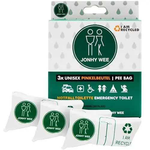 Produktbild: Jonhy Wee Pinkelbeutel Taschen-WC für Unterwegs 600ml 3 Stück - Notfall Toilette WC für Frauen, Kinder, Männer - Reisetoilette Auto - Camping Festival Toilette Frauen Urinal Unterwegs Urinbeutel