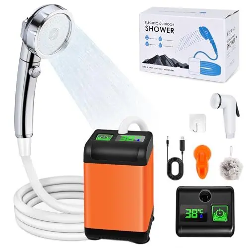 Produktbild: JONRRYIN Tragbare Campingdusche, 6000mAh Camping Dusche Akku mit Pumpe und Temperaturanzeige, Camping Dusche Portatil Outdoor mit Duschkopf und 2m Schlauch für Garten Reisen Autowäsche Haustier