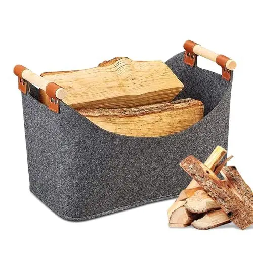 Produktbild: Jooheli Holzkorb für Kaminholz, Brennholzkorb Filzkorb, Kaminholzkorb mit Aufbewahrungstasche für Spielzeug, Kleidung, Obst, Brennholz, Zeitungen - 40 x 22 x 27 cm, Dunkelgrau