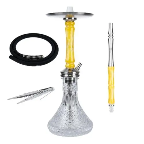 Produktbild: Jookah Straight Flush Edelstahl Shisha Set - Wasserpfeife mit Zubehör inkl. Schlauch, Mundstück, Zange - Steel/Yellow