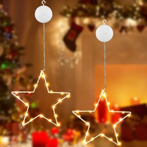 Produktbild: Joomer 2 Stück LED Sterne Weihnachtsbeleuchtung, 8 Modi Fenster Deko Lichterkette Batteriebetrieben Timer mit Saugnäpfe, 20 LED Weihnachtsstern Innen für Balkon Hochzeit Party, Warmweiß