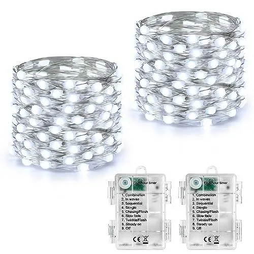 Produktbild: Joomer Lichterkette Batterie 5M, 2 Stück 50 LED Silberfaden Weihnachtsbeleuchtung Außen Timer, 8 Modi Lichterkette Weihnachtsbaum Weihnachtsdeko Wasserdicht für Innen Garten Party Festival Deko, Weiß