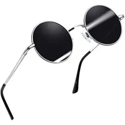 Produktbild: Joopin Runde Sonnenbrille für Herren Vintage Polarisierte Sonnenbrille Herren Schwarz und Hippie Sonnenbrille Damen UV400 Schutz (Silber Schwarz)