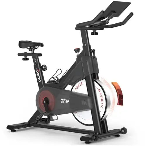 Produktbild: JOROTO Heimtrainer Fahrrad mit Magnetischem Widerstand, Ergometer Hometrainer mit RPM Monitor, Indoor Bike mit 4-Fach Verstellbarem Lenker, 11.8‘’ Tablet-Halterung, 150 KG Belastbar (Schwarz)