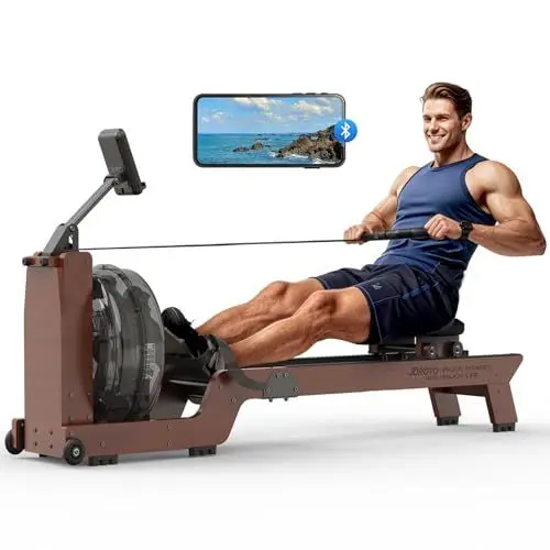 Produktbild: JOROTO MR390 Rudergerät für Zuhause aus Hochwertiges Holz, 22L Vertikaler Wassertank, Größerer Widerstand, Bluetooth Display, Verstellbarer Handy-Halter, 150kg Gewichtskapazität, 2 Jahre Garantie