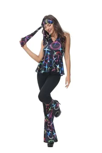 Produktbild: Josamogre 70er Jahre Bekleidung Hippie Kleidung Kostüm Disco Outfit Top und Schlaghose Set 70er 80er 90er Übergröße Halloween Karneval Party Schwarz M