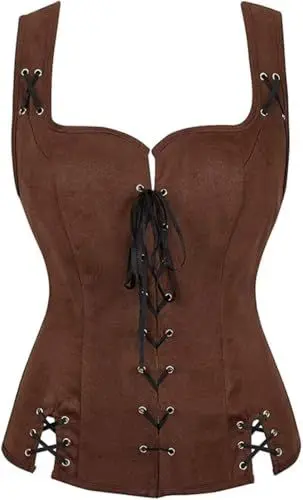 Produktbild: Josamogre Mittelalter Kleidung Renaissance Weste Korsett Damen Pirat Kostüm Gothic Mantel Steampunk Cosplay Top mit Schnürung Oktoberfest Kaffee 3XL