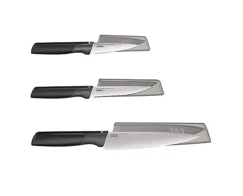 Produktbild: Joseph Joseph Duo 3-tlg. Elevate Messerset, Klingen aus japanischem Edelstahl, bestehend aus Gemüsemesser, Wellenschliffmesser und Kochmesser mit Schutzscheide, Schwarz/Opal