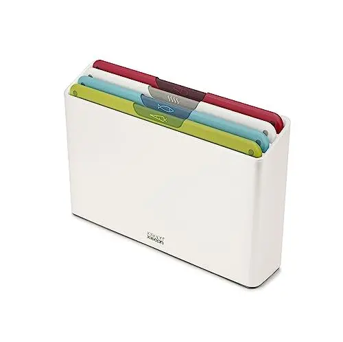 Produktbild: Joseph Joseph Folio Icon Schneidebrett-Set mit Aufbewahrungsbox, rutschfest, farblich gekennzeichnet, 4-teilig, Mittel, Weiß