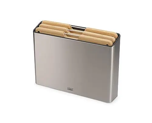 Produktbild: Joseph Joseph Folio Prämie Schneidebrett-Set mit Aufbewahrungsbox, rutschfest, farblich gekennzeichnet, 3-teilig, Groß, Edelstahl und Bambus