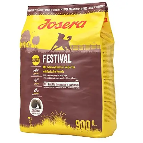 Produktbild: JOSERA Festival (5 x 900 g) | Adult | Premium Trockenfutter für ausgewachsene wählerische Hunde | Lachs & Geflügel | in leckerem Soßenmantel auch zum Einweichen | weizenfrei | Hundefutter| 5er Pack