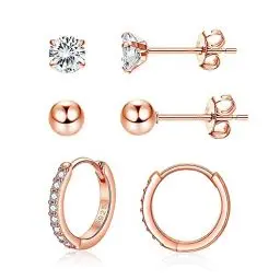 Produktbild: Josfeva Creolen Damen Ohrstecker Ohrringe, 925 Sterling Silber, 3 Paar Rose Gold Schlafen Ohrringe Set, 5mm Ohrstecker & 14mm Creolen
