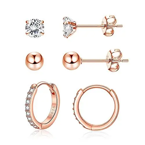 Produktbild: Josfeva Creolen Damen Ohrstecker Ohrringe, 925 Sterling Silber, 3 Paar Rose Gold Schlafen Ohrringe Set, 5mm Ohrstecker & 14mm Creolen