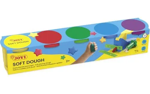 Produktbild: Jovi Blandiver Knete, extra weiche Knetmasse für Kinder ab 2 Jahren, gelb, rot, blau, grün, violett, 5 Dosen je 110g