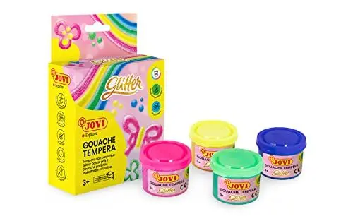 Produktbild: Jovi Plakatfarbe Glitzer, malfertige Tempera mit Glitzereffekt, 6 Farben je 55 ml & Pinsel