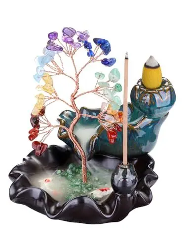 Produktbild: Jovivi Räucherstäbchen Halter mit 7 Chakra Kristallbaum Keramik Rauchbrunnen Weihrauch Rückfluß Räuchergefäß Wasserfall Wohnkultur Deko
