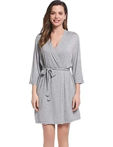 Produktbild: Joyaria Damen Sauna Bademantel Leicht 3/4 Ärmel Morgenmantel Kurz mit Gürtel Saunamantel Kimono Robe Hausmantel Viskose aus Bambus V-Ausschnitt(Grau,XXL)