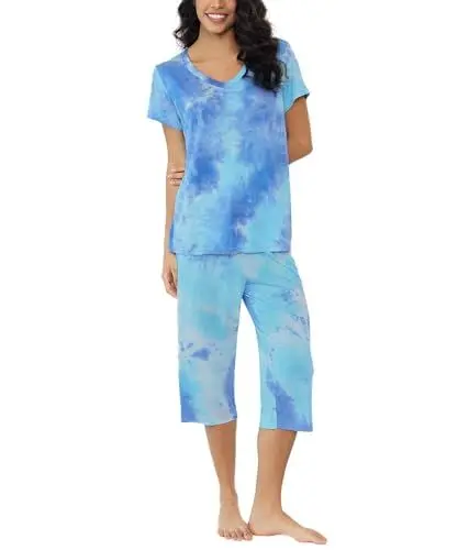 Produktbild: Joyaria Pyjamas Set Damen kurzärmligen Schlafanzug Capri 3/4 Lang Hose Sommer Nachtwäsche(Blaues Batikmuster, XXL)