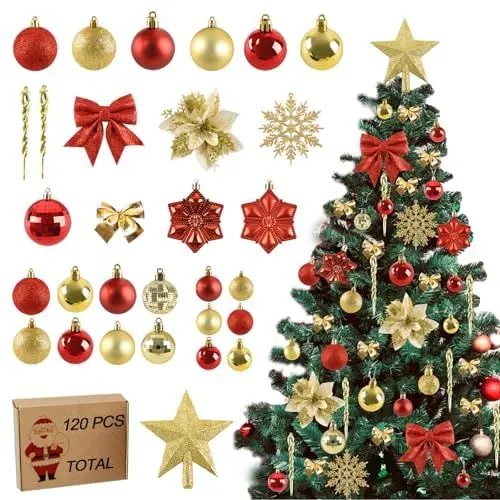 Produktbild: Joyblossom 120 Stück Weihnachtskugeln Set, Weihnachtskugeln Kunststoff mit Baumspitze Stern, Christbaumkugeln Rot Gold mit Aufhängen, Mehrweg Christbaumschmuck für Drinnen und Draußen
