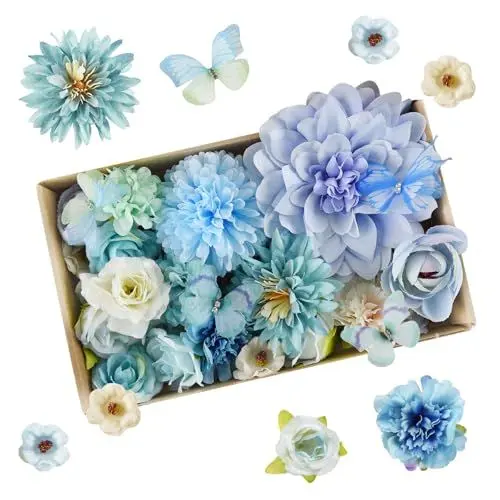 Produktbild: Joyblossom Kunstblumen zum Basteln, 26 Stück Seidenblumen zum Basteln, Künstliche Blütenköpfe, Dekoblumen für DIY Tischdekoration Blumensträuße Hochzeit Girlande Scrapbooking Kunsthandwerk, Blau