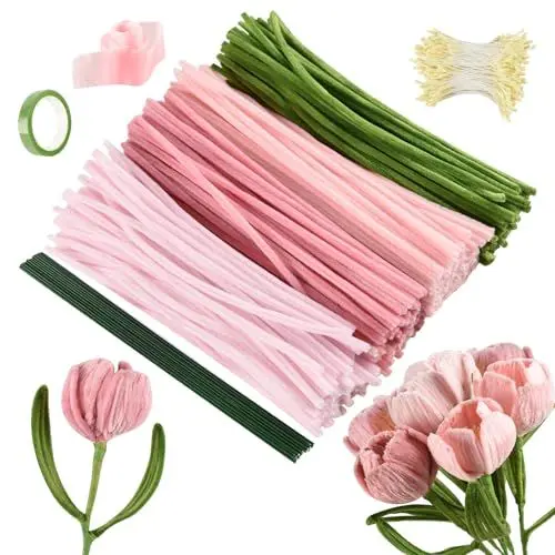 Produktbild: Joyblossom Pfeifenreiniger Blumen Set, 300 Stück Pfeifenputzer zum Basteln, Pfeifenreiniger zum Basteln, mit Blumendraht, Schleifenband, Blumen Staubblatt für Blumenstrauß DIY, Rosa
