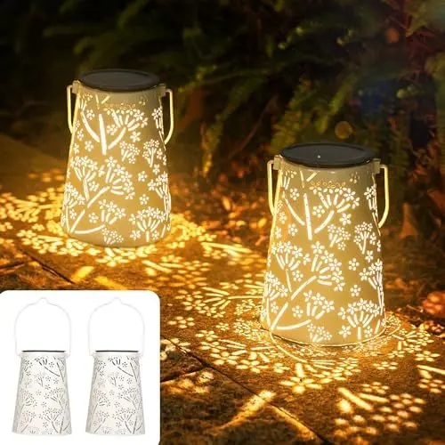 Produktbild: JOYCREATOR Solarlaternen für Außen 2 Stück, LED Solar laterne für Draußen IP65 Wasserdicht Metall Hängend/Stehend, Outdoor Solarlampen für Außen Garten Deko Hof Terrasse Weg Balkon Geschenk (Weiß)