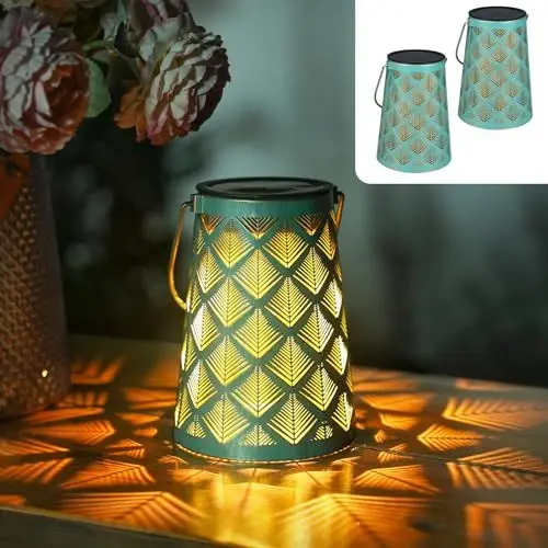 Produktbild: JOYCREATOR Solarlaternen für Außen Garten 2 Stück, Metall Solar Laterne für Draußen IP65 Wasserdicht, LED Hängend Orientalische Solarlampen für Aussen Gartendeko Balkon Terrasse 2er Set (Grüngold)
