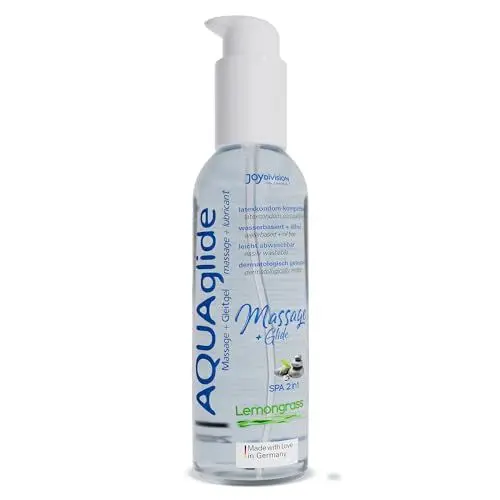 Produktbild: Joydivision AQUAglide 2-in-1 Lemongrass 200ml, wasserbasiertes Massage & Gleitgel, Zitronengras Duft, vegan, ölfreies Gleitmittel & kompatibel mit Latex-Kondomen