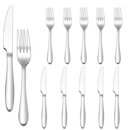 Produktbild: Joyfair Gabel und Messer Set, 12 Stück Edelstahl Steakbesteck für 6 Personen, Hochglanzpoliert Besteck Set für Haus/Restaurant, 6 Tafelmesser (23cm) + 6 Tafelgabeln (20cm) - Spülmaschinenfest