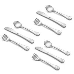 Produktbild: Joyfair Kinderbesteck, 9-teilig Edelstahl Kinder Besteck Set für Kleinkind ab 2 Jahre, Kleine Löffel Messer Gabel Set mit Niedliches Muster, Kinderbesteck für Home/Schule, Spülmaschinenfest