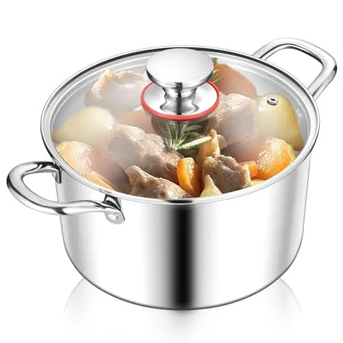 Produktbild: Joyfair Kochtöpfe, 20cm Kochtopf Suppentopf mit Glasdeckel, 3,3L Premium 3-Lagiger Edelstahl Fleischtopf Topf Induktion für alle Herdarten, Edelstahl Poliert & Unbeschichtet, Spülmaschinenfest