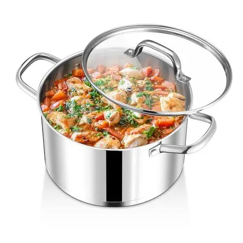 Produktbild: Joyfair Kochtopf, 24cm Edelstahl Suppentopf mit Glasdeckel, 3-Lagen Edeastahl Topf Induktion für alle Herdarten, 5,6 L Kochtopf Fleischtopf für Nudeln/Suppe/Eintöpfe, Gesund & Spülmaschinenfest