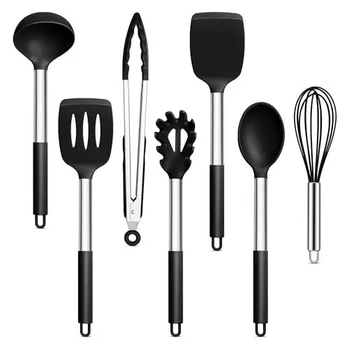 Produktbild: Joyfair Küchenhelfer Set, 7 Stück Kochbesteck Küchenutensilien Set, Schwarz Antihaft Hitzebeständiger Pfannenwender Kochutensilien zum Kochen/Backen/Flip, Leicht zu Reinigen & Spülmaschinenfest