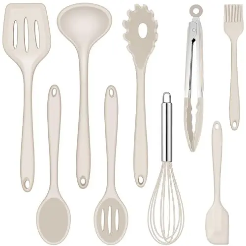 Produktbild: Joyfair Küchenhelfer Set, 9 Stück Küchenutensilien Silikon, Hitzebeständiges Kochutensilien Kochgeschirr Set mit Pfannenwender Schneebesen Grillzange, Antihaft Kochbesteck zum Kochen & Backen - Khaki