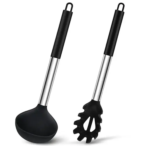 Produktbild: Joyfair Suppenkelle und Spaghettilöffel Set, 2-teiliges Silikon Schöpfkelle und Nudellöffel mit Griff aus Edelstahl zum Kochen/Rühren/Servieren/Ablassen, Gesund & Antihaft, Spülmaschinenfest - Schwarz