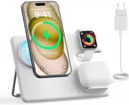 Produktbild: JoyGeek Ladegerät mit MagSafe, 3 in 1 Ladestation für Apple Watch und für iPhone 16/15/14/13/12/Plus/Pro Max, Faltbar Charging Station für iWatch 2-Ultra 2, Wireless Charger für AirPods 2-Pro 2-weiß