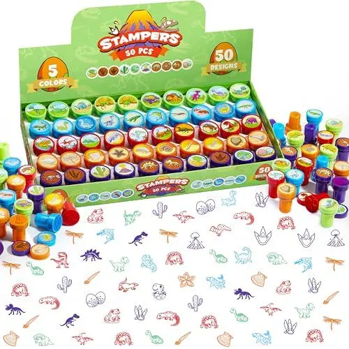 Produktbild: JOYIN 50 Stück dino stempel kinder stempelset, Selbstfärbende Dinosaurier Stampers 5 Farben, 50 Designs, ab 2 Jahren, kleine Geschenke für Kinder, Mitgebsel, Gastgeschenke