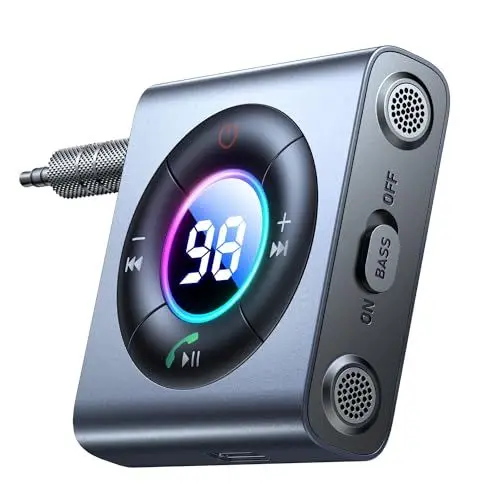Produktbild: JOYROOM 2025 Bluetooth Adapter Auto<strong>Bass & Hi-Fi Stereo:</strong>  Aux Bluetooth Adapte für Musik, Bluetooth Empfänger Duale Mikrofon Freisprechanruf für Auto, Kopfhörer und Lautsprecher, 26 Stunden Spielzeit