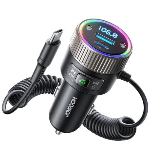 Produktbild: JOYROOM 2024 Neueste 5.4 Bluetooth Adapter Auto 60W (PD 30W & USB-C Spiralkabel 30W) FM Transmitter für Auto Hi-Fi Musikplayer, Freisprecheinrichtung, Dual-Mikrofon, LED-Licht, U-Disk